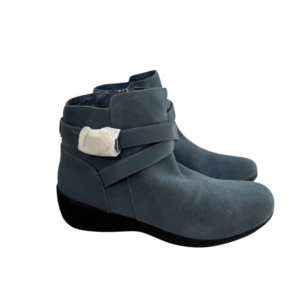 Women's Blue Suede Ankle Boots Low Wedge Buckle Strap Booties Side Zip